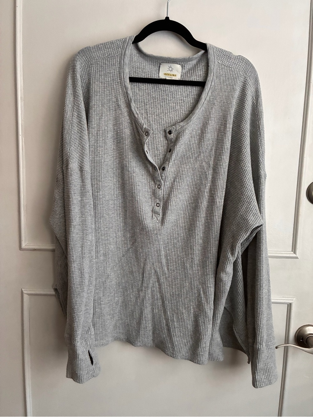 Aerie Offline Light Gray Waffle Henley Top